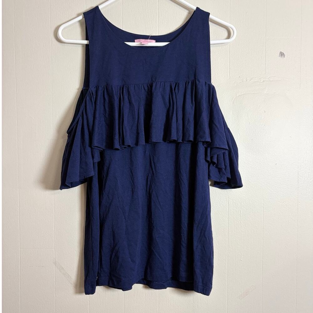 Lilly Pulitzer Medium Navy Short Sleeve Cold Shoulder Ruffle Front Shirt